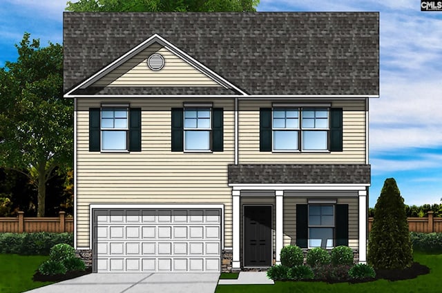 view of front of home with a garage, roof with shingles, driveway, and fence