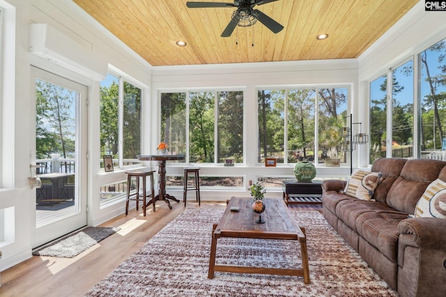 sunroom / solarium featuring recessed lighting, wooden ceiling, crown molding, and wood finished floors