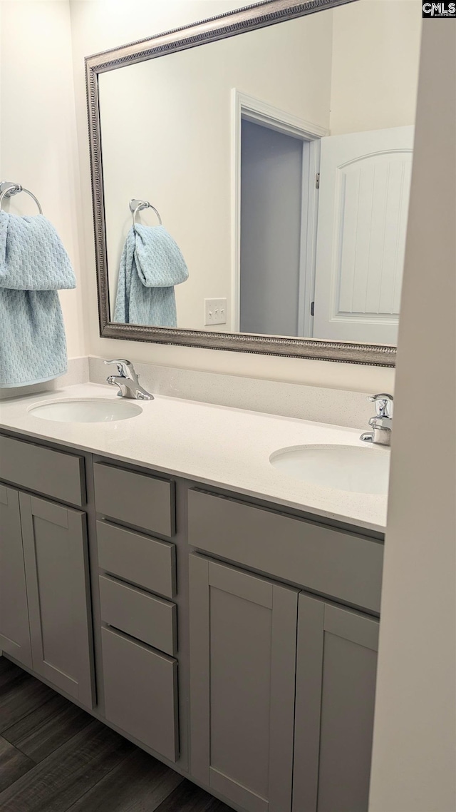 full bathroom with double vanity, a sink, and wood finished floors
