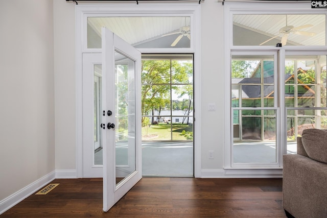 1168 Peninsula Dr, Prosperity, SC 29127 - doorway with lofted ceiling, a ceiling fan, visible vents, and baseboards