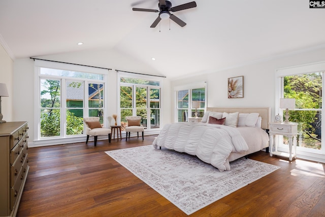 1168 Peninsula Dr, Prosperity, SC 29127 - bedroom featuring vaulted ceiling, ornamental molding, dark wood-style floors, and multiple windows