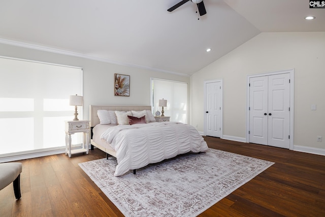1168 Peninsula Dr, Prosperity, SC 29127 - bedroom featuring recessed lighting, dark wood finished floors, vaulted ceiling, and multiple closets