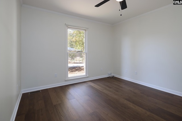 1168 Peninsula Dr, Prosperity, SC 29127 - empty room with dark wood finished floors, visible vents, crown molding, and ceiling fan