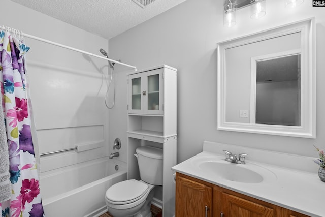 full bathroom featuring a textured ceiling, toilet, vanity, and shower / bath combination with curtain