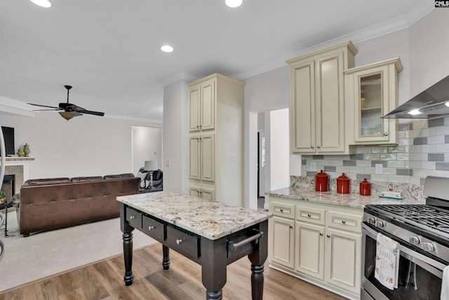 107 Turkey Ridge Ln, Lugoff, SC 29078 - kitchen with a ceiling fan, light wood-style floors, crown molding, stainless steel gas range, and cream cabinets