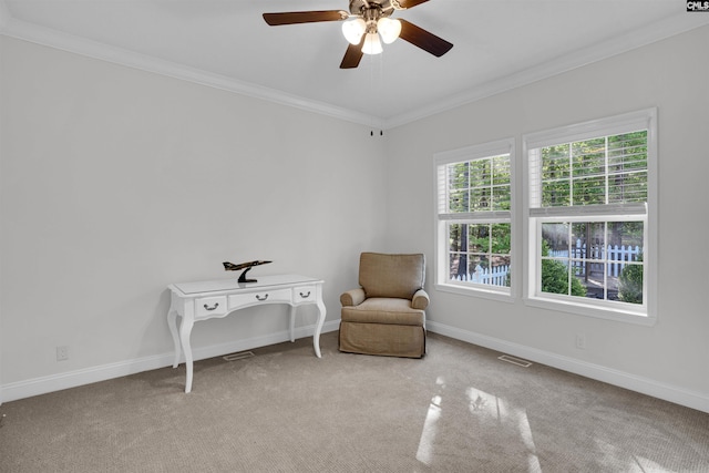 107 Turkey Ridge Ln, Lugoff, SC 29078 - living area with carpet flooring, visible vents, baseboards, a ceiling fan, and crown molding