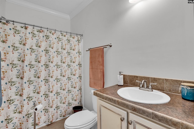 107 Turkey Ridge Ln, Lugoff, SC 29078 - bathroom with a shower with shower curtain, toilet, vanity, and ornamental molding