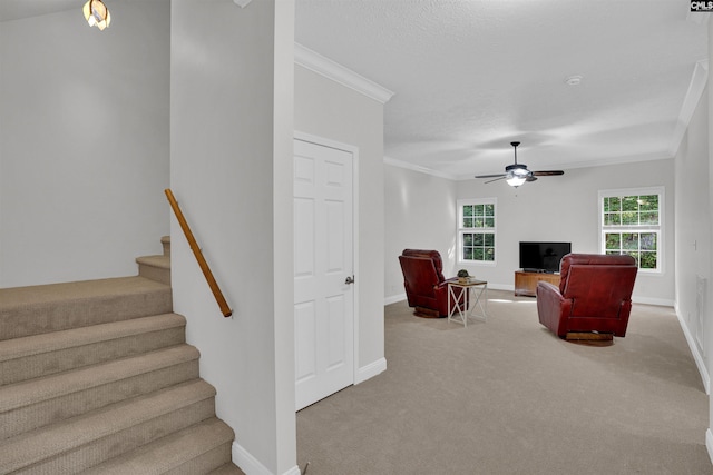 107 Turkey Ridge Ln, Lugoff, SC 29078 - carpeted living area with a ceiling fan, baseboards, stairway, and crown molding