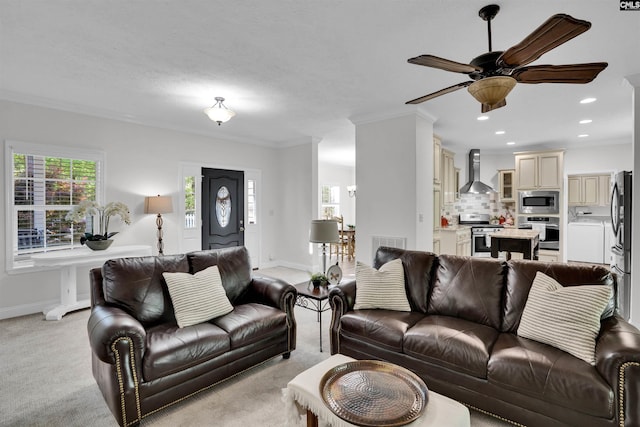 107 Turkey Ridge Ln, Lugoff, SC 29078 - living area with a ceiling fan, light carpet, ornamental molding, visible vents, and recessed lighting