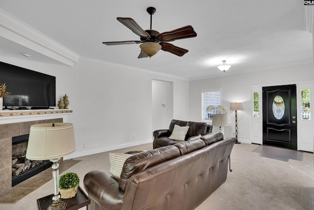 107 Turkey Ridge Ln, Lugoff, SC 29078 - living area with baseboards, carpet floors, ceiling fan, and crown molding