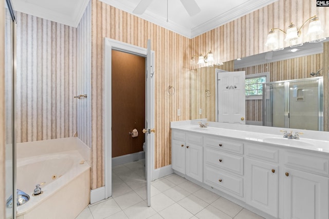 411 Turkey Point Cir, Columbia, SC 29223 - full bath featuring a sink, double vanity, tile patterned flooring, a shower stall, and crown molding