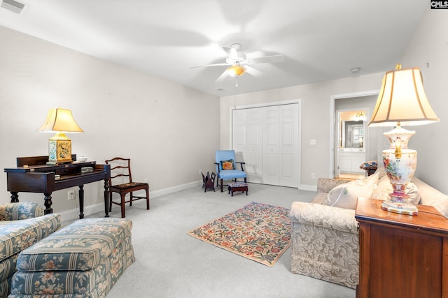 411 Turkey Point Cir, Columbia, SC 29223 - living area with baseboards, visible vents, carpet floors, and ceiling fan