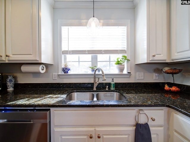 78 Southern Oak Dr, Camden, SC 29020 - kitchen featuring white cabinets, stainless steel dishwasher, a sink, and ornamental molding