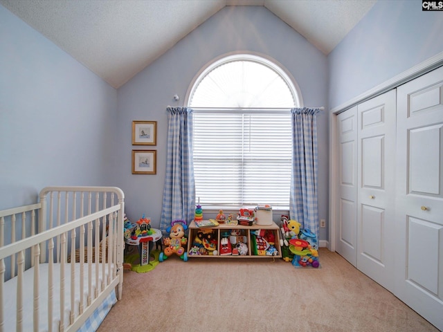 78 Southern Oak Dr, Camden, SC 29020 - bedroom featuring a closet, vaulted ceiling, carpet floors, and a crib