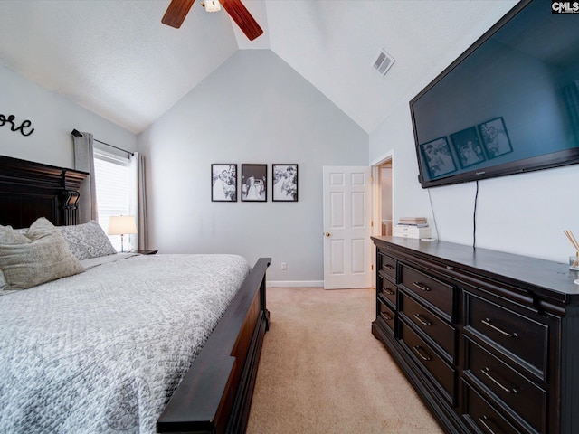 78 Southern Oak Dr, Camden, SC 29020 - bedroom with baseboards, visible vents, light colored carpet, lofted ceiling, and a ceiling fan