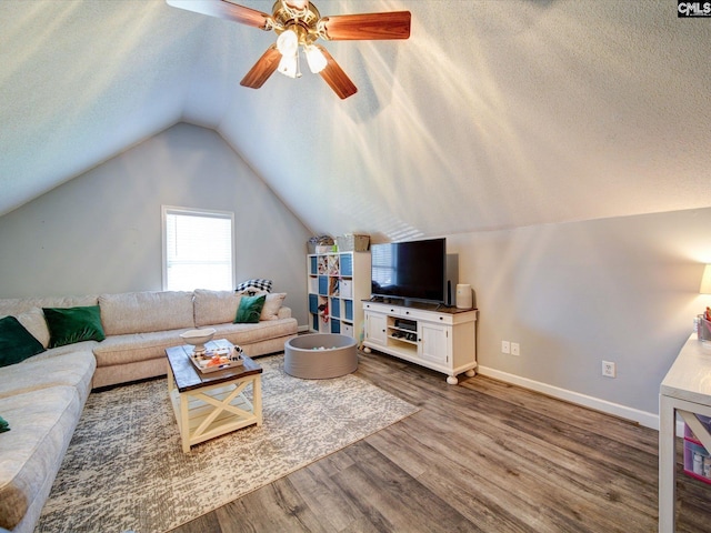 78 Southern Oak Dr, Camden, SC 29020 - living area featuring vaulted ceiling, wood finished floors, baseboards, a textured ceiling, and ceiling fan