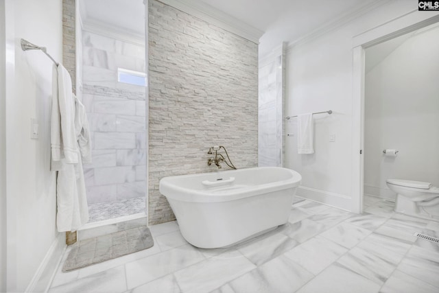 full bath with marble finish floor, walk in shower, a soaking tub, baseboards, and toilet