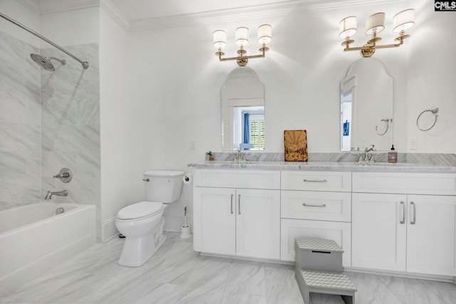 full bath with washtub / shower combination, double vanity, toilet, and a sink