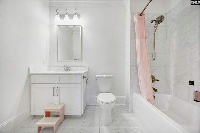 bathroom featuring toilet, baseboards, shower / tub combo with curtain, marble finish floor, and crown molding