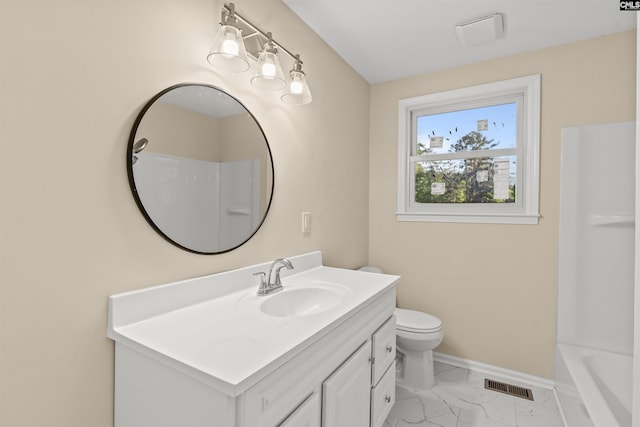1015 Mandel Dr, Columbia, SC 29210 - bathroom with toilet, baseboards, visible vents, marble finish floor, and vanity