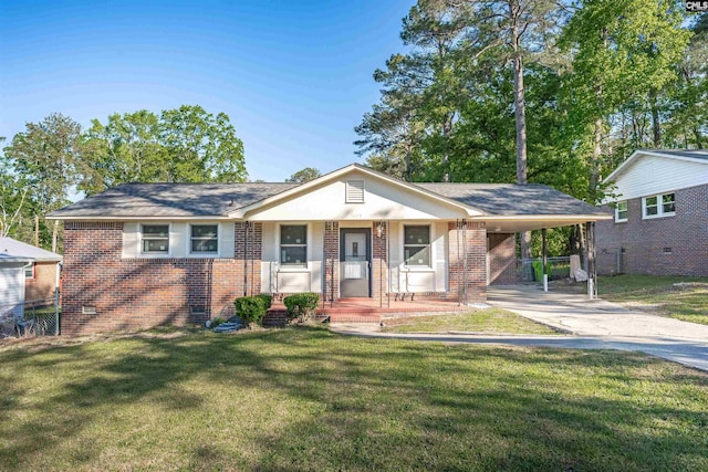 1015 Mandel Dr, Columbia, SC 29210 - view of front of home featuring a carport, a front lawn, brick siding, and concrete driveway