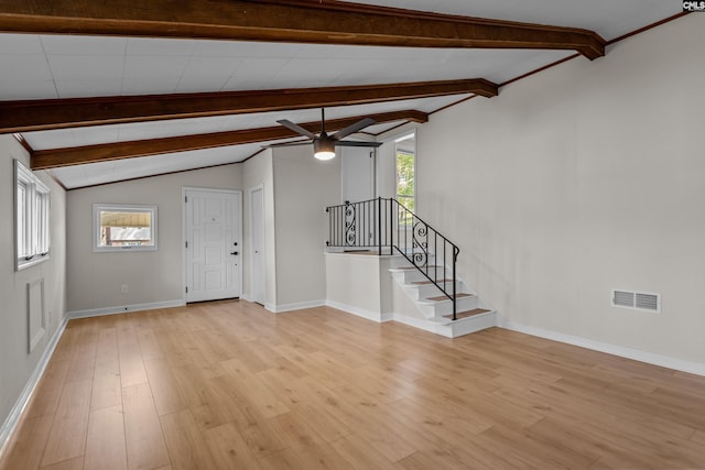 unfurnished living room featuring stairs, vaulted ceiling with beams, light wood-type flooring, ceiling fan, and visible vents