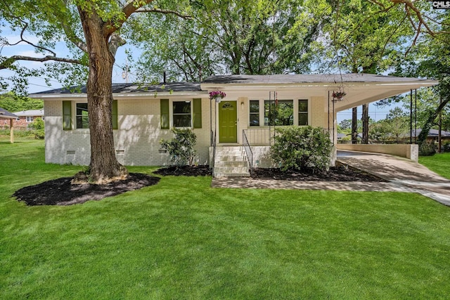 ranch-style home featuring crawl space, concrete driveway, an attached carport, a front yard, and brick siding