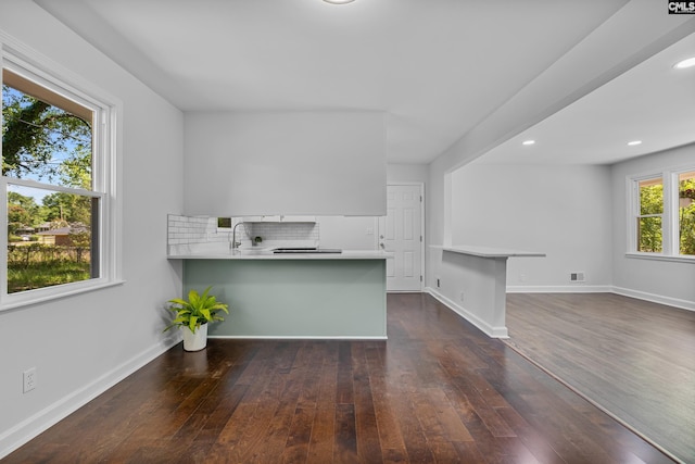 interior space featuring a peninsula, light countertops, dark wood-style flooring, and a sink
