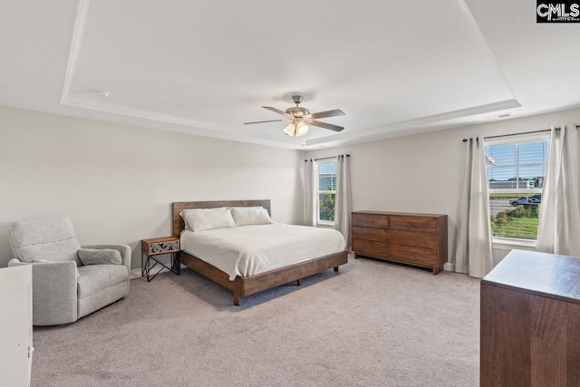 bedroom with light carpet, multiple windows, and a tray ceiling