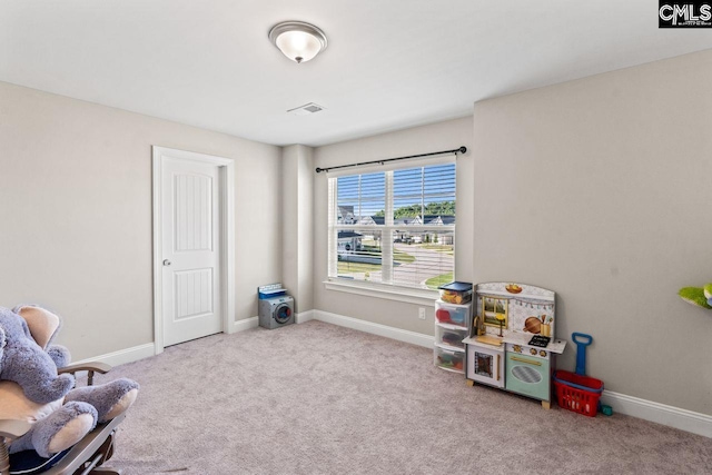 game room with visible vents, carpet flooring, and baseboards