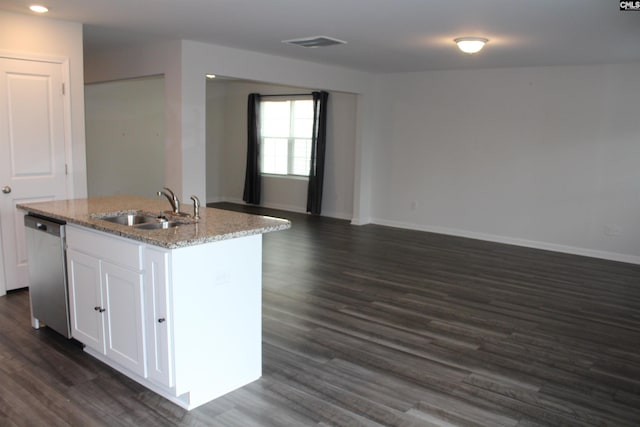 518 Cricket Chirp Ln, Elgin, SC 29045 - kitchen with a sink, dishwasher, white cabinetry, dark wood-type flooring, and a kitchen island with sink