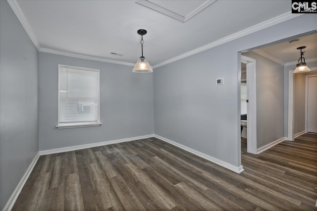 unfurnished dining area featuring dark wood-style floors, baseboards, and ornamental molding