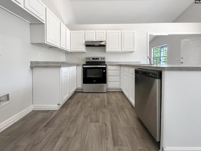14 Long Glen Ct, Columbia, SC 29229 - kitchen featuring white cabinets, lofted ceiling, wood finished floors, and stainless steel appliances