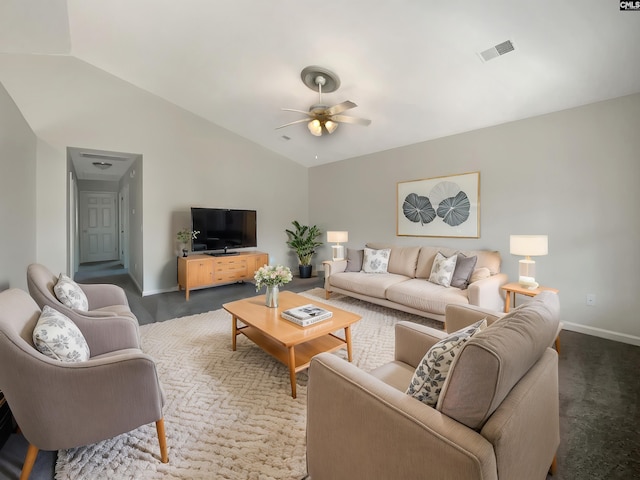 14 Long Glen Ct, Columbia, SC 29229 - living area with ceiling fan, baseboards, carpet, lofted ceiling, and visible vents