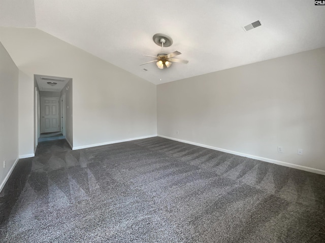 14 Long Glen Ct, Columbia, SC 29229 - empty room with vaulted ceiling, visible vents, baseboards, a ceiling fan, and dark carpet