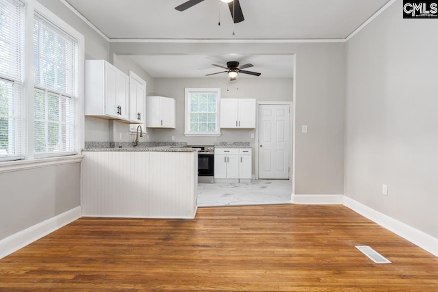 3428 Rosewood Dr, Columbia, SC 29205 - kitchen featuring a ceiling fan, baseboards, stove, and crown molding