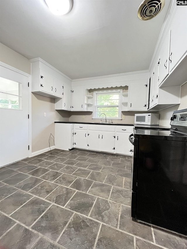 3006 Beard St, Camden, SC 29020 - kitchen with electric range, open shelves, dark stone finish flooring, dark countertops, and white microwave