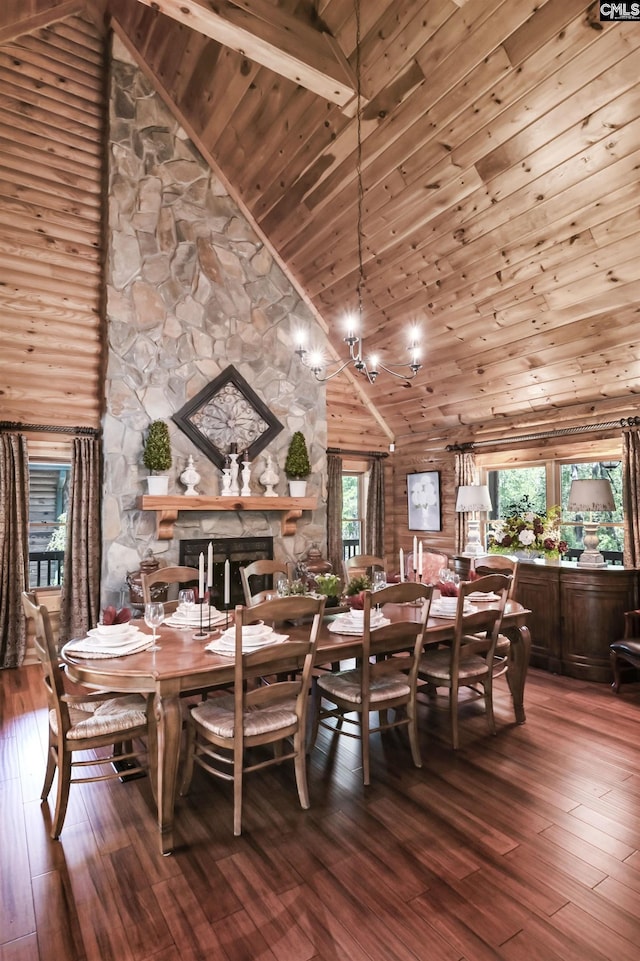 dining area featuring a fireplace, hardwood / wood-style flooring, high vaulted ceiling, and wooden ceiling