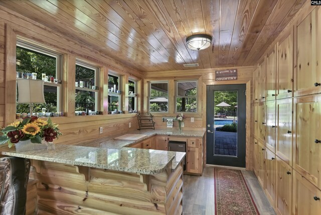 interior space with wooden walls, light wood finished floors, and wooden ceiling