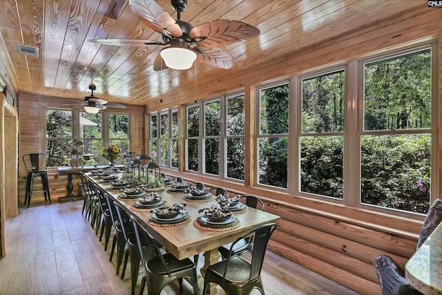 sunroom / solarium with hardwood / wood-style flooring, wooden ceiling, wood walls, and visible vents