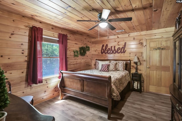 bedroom with wood ceiling, wood walls, and wood finished floors