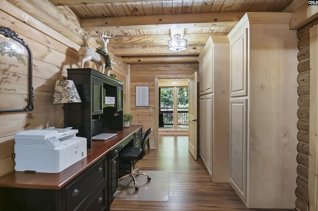 office featuring wood ceiling, log walls, hardwood / wood-style flooring, and beam ceiling