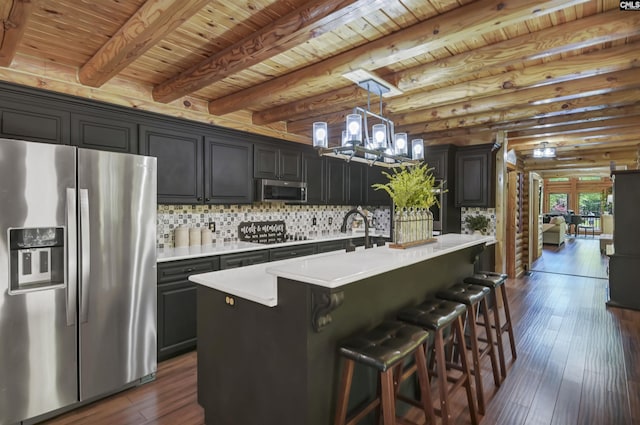 kitchen featuring wood ceiling, an inviting chandelier, stainless steel appliances, light countertops, and dark wood finished floors