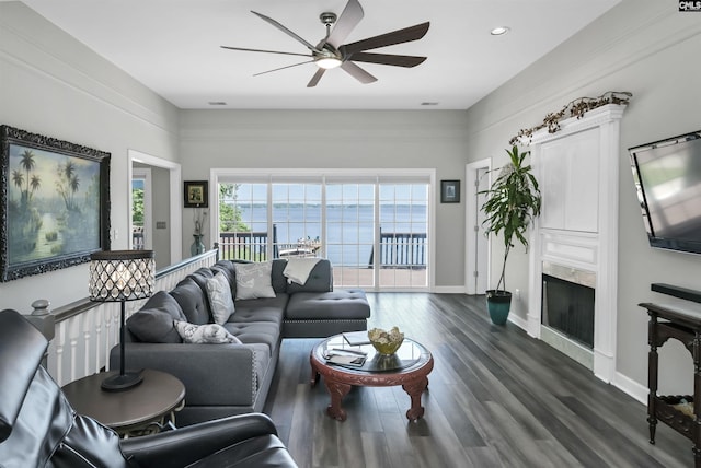 1305 Rock Island Rd, Gilbert, SC 29054 - living room with dark wood-style flooring, baseboards, recessed lighting, ceiling fan, and a high end fireplace