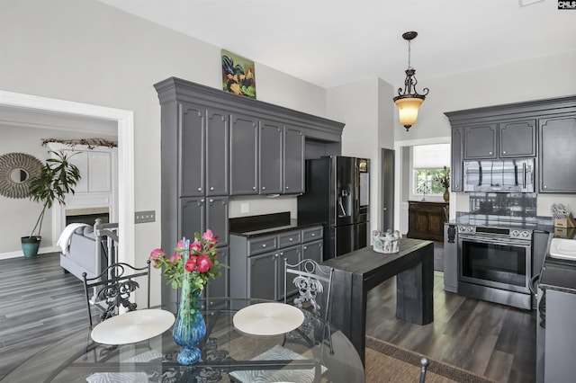 1305 Rock Island Rd, Gilbert, SC 29054 - kitchen featuring dark wood-type flooring, dark countertops, hanging light fixtures, and stainless steel appliances