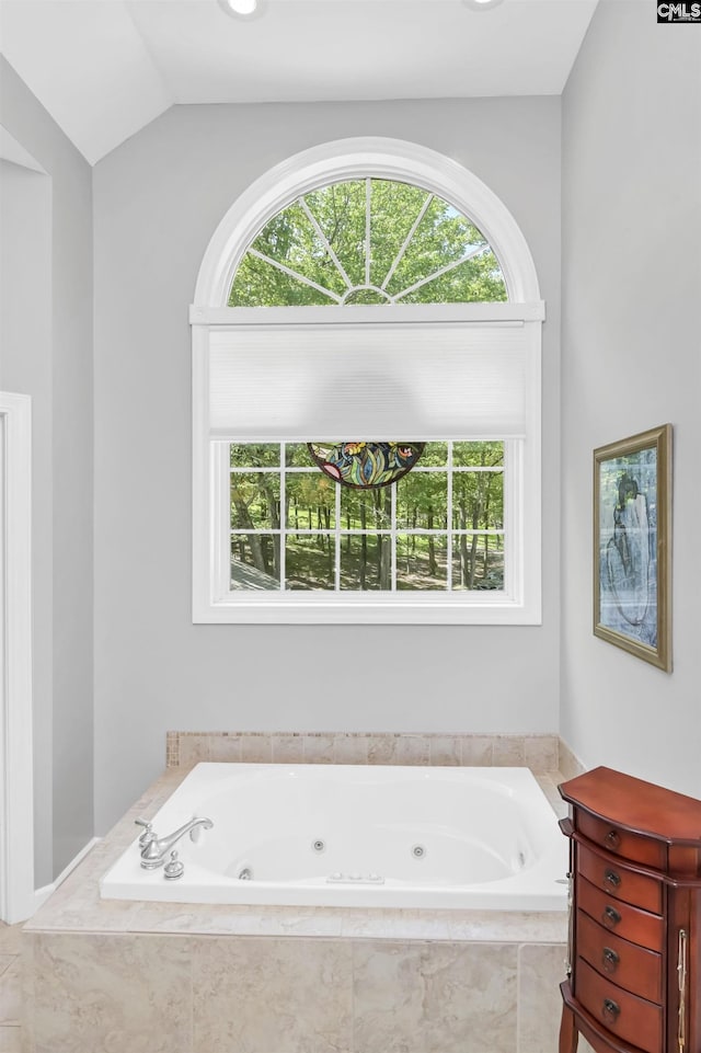 1305 Rock Island Rd, Gilbert, SC 29054 - bathroom featuring lofted ceiling, a tub with jets, and a healthy amount of sunlight