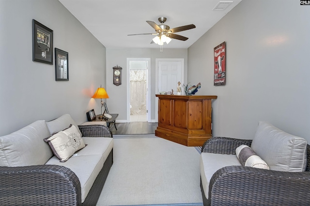 1305 Rock Island Rd, Gilbert, SC 29054 - living room with visible vents, a ceiling fan, and baseboards