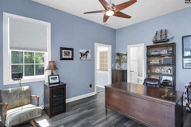 1305 Rock Island Rd, Gilbert, SC 29054 - home office with dark wood-type flooring, visible vents, a ceiling fan, and baseboards