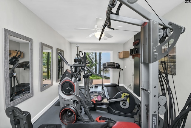 1305 Rock Island Rd, Gilbert, SC 29054 - exercise area featuring ceiling fan and baseboards