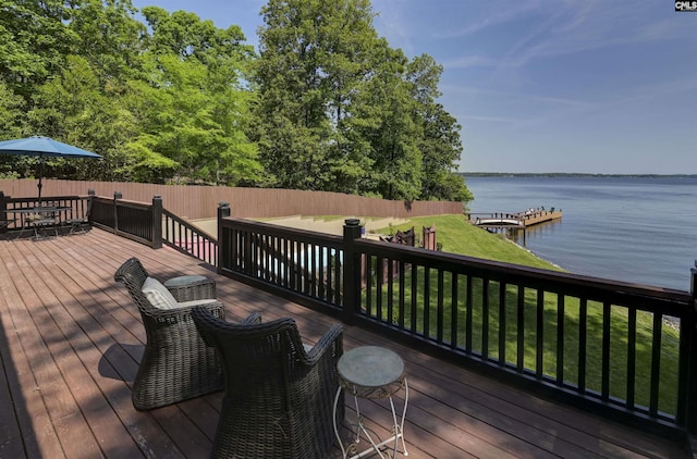 1305 Rock Island Rd, Gilbert, SC 29054 - wooden terrace with fence, a water view, a yard, and outdoor dining space